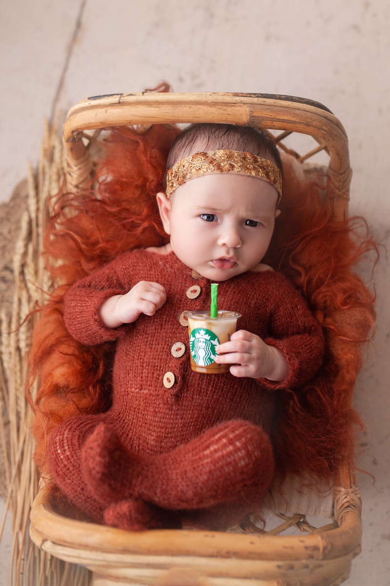 Baby with a starbucks drink photo, newborn baby, baby in a tiny bamboo bed